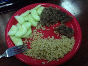 Ground beef, cucumbers, and rice.
